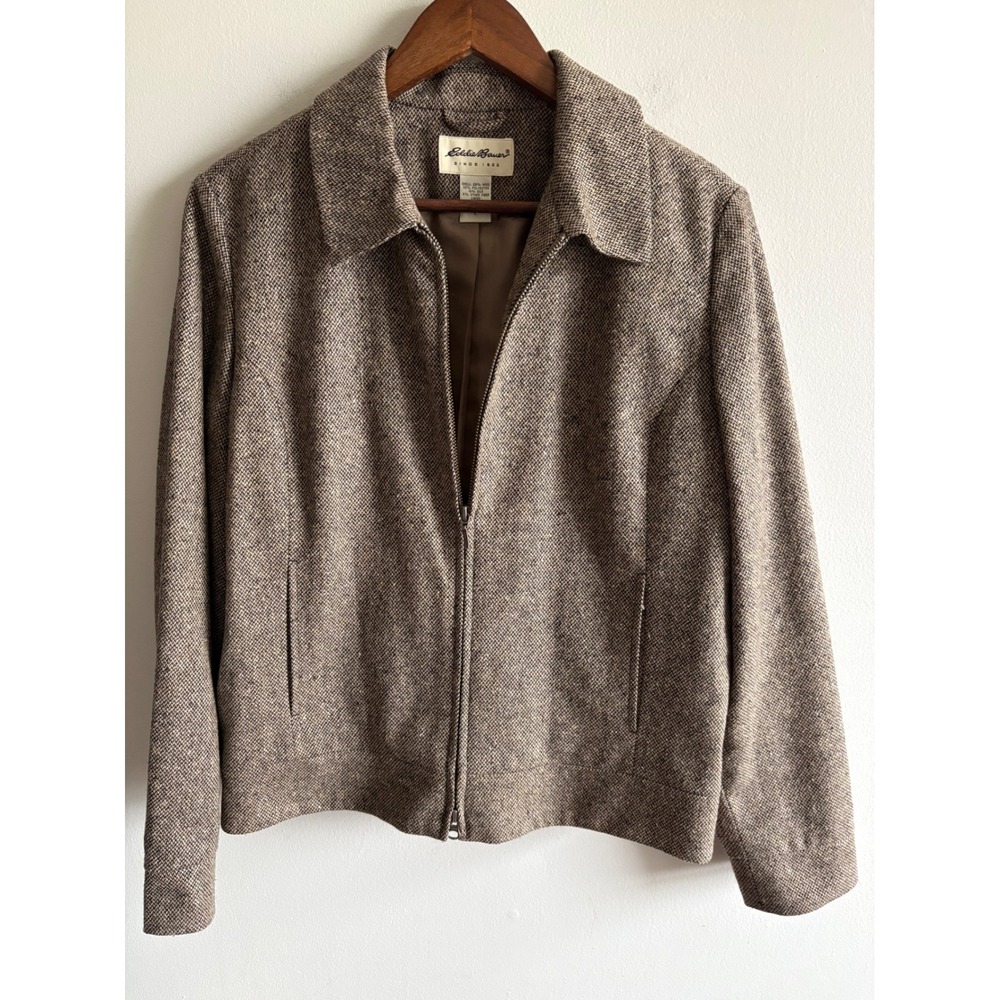 Eddie Bauer Brown Herringbone Wool Silk Blend Zip Up Jacket Large